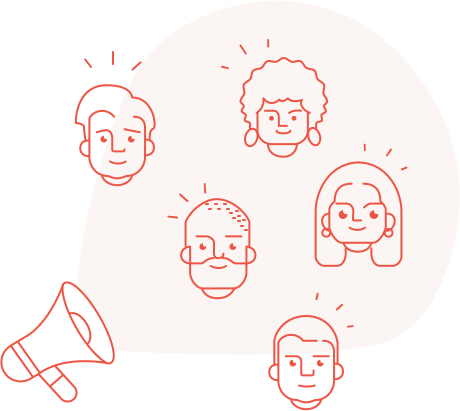 Ilustração de megafone direcionado para diversos rostos de pessoas sorrindo